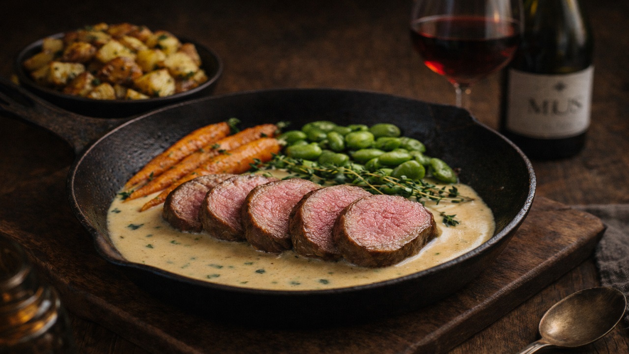 Telecí medailonky s glazovanou zeleninou & Malbec domaine Mus