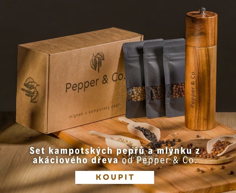 Set kampotských pepřů a mlýnku z akáciového dřeva od Pepper & Co.