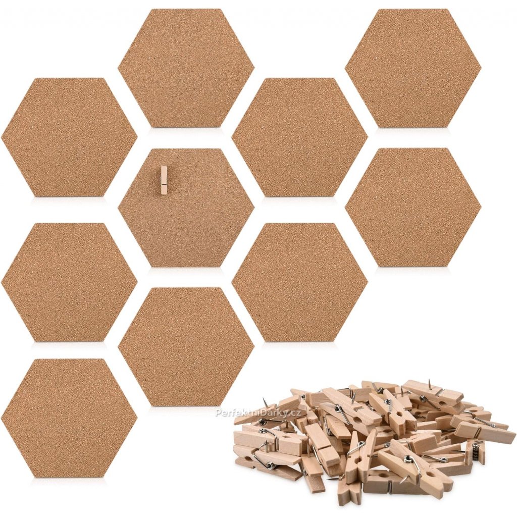 Korkové hexagony na zeď - 10 ks včetně 50 kolíčků