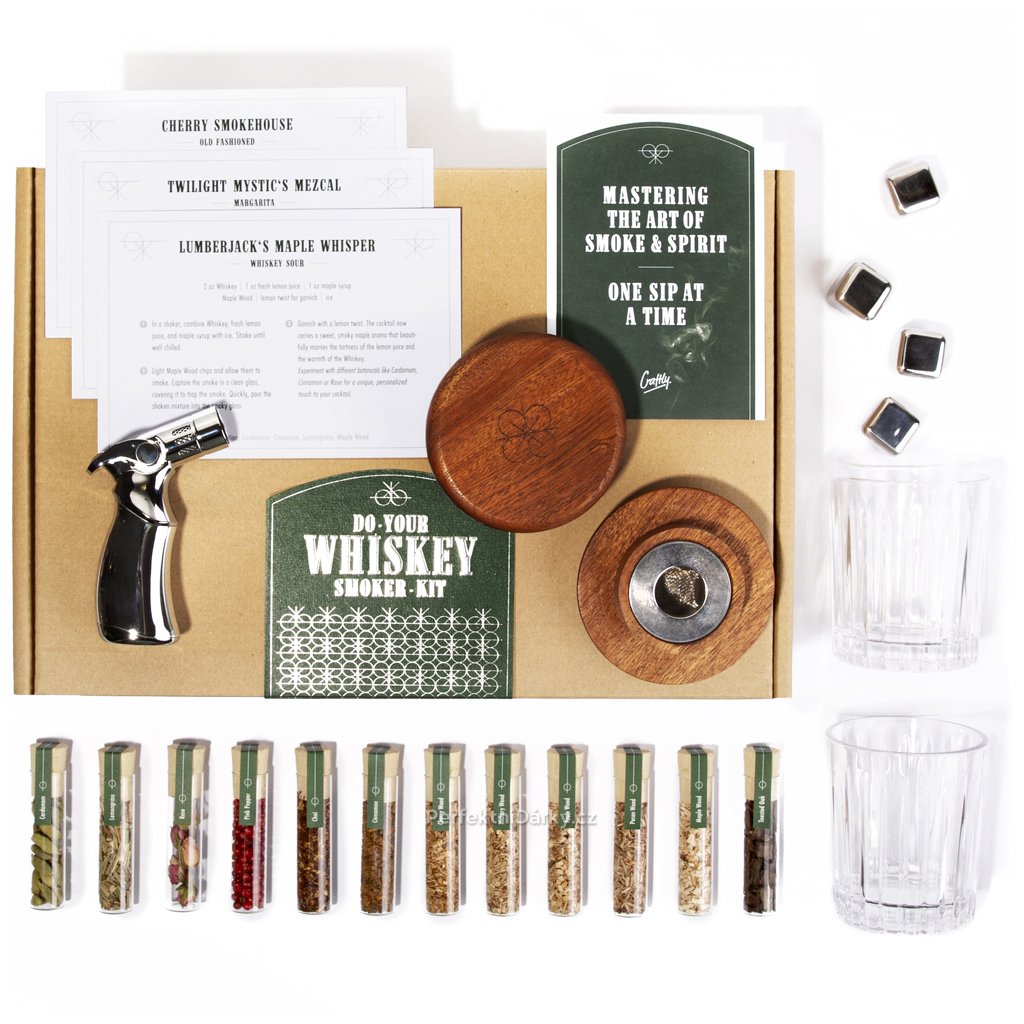 Whisky smoker Exclusive | 6 druhů dřevin, 6 druhů koření + 2 sklenice | luxusní dárek pro muže