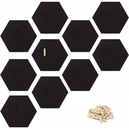 Korkové hexagony na zeď - 10 ks včetně 50 kolíčků | černé