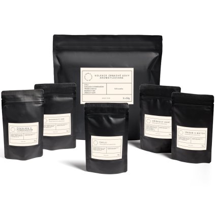 Set aromatizované zrnkové kávy | chilli, banán, čokoláda, oříškový dort, třešeň s mátou