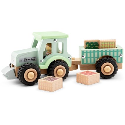 Dřevěný traktor s vlečkou a zeleninou