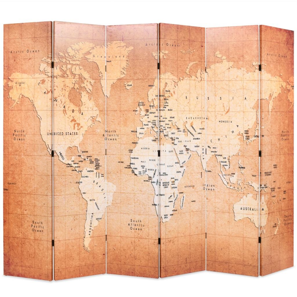 Skládací paraván 228 x 170 cm mapa světa žlutá
