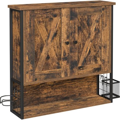Koupelnová skříňka na zeď s držákem na fén VASAGLE BBK123B01 – 30×15×10 cm | černá / vintage hnědá