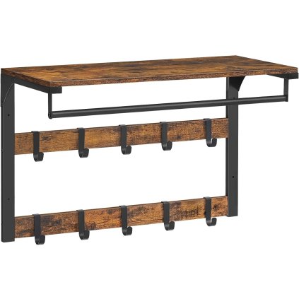 Nástěnný věšák VASAGLE LCR101B01 s poličkou a 12 háčky - 65x30x42 cm | hnědý a černý