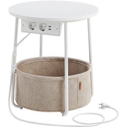 Noční / Boční odkládací stolek Fredheim se zásuvkou a USB - kulatý - 45x50 cm | bílý a světle hnědý