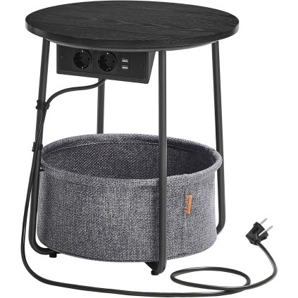 Noční / Boční odkládací stolek Fredheim se zásuvkou a USB - kulatý - 45x50 cm | černý a tmavě šedý