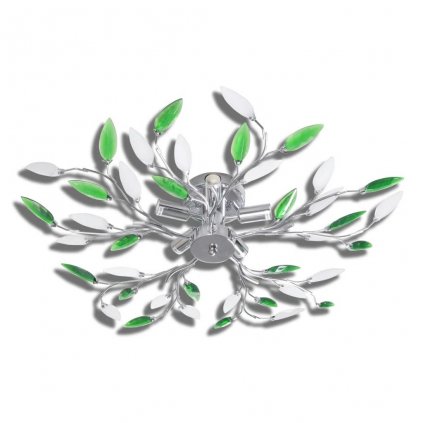 Stropní svítidlo - bílé a zelené křišťálové listy | 5 žárovek E14