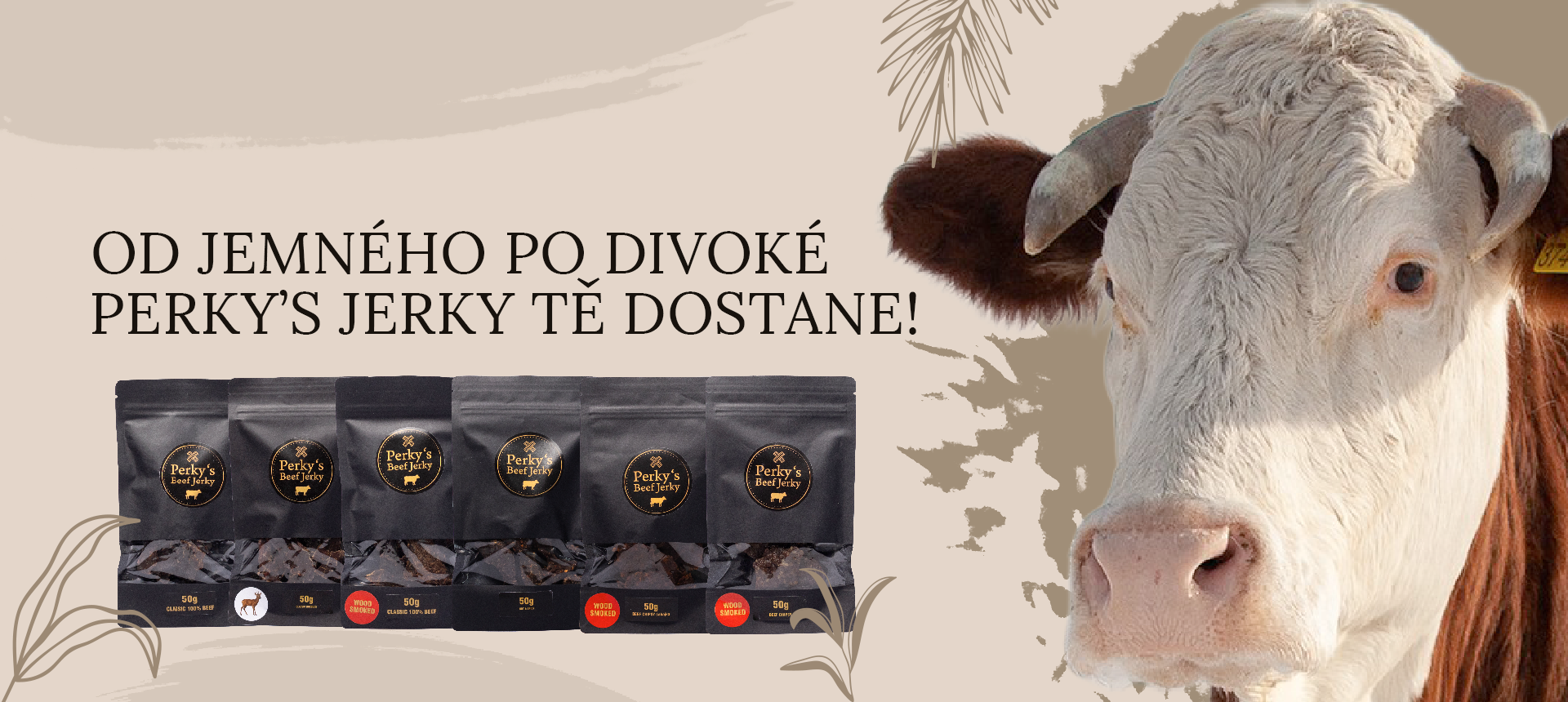 Perky's Jerky - hero banner kráva a produktové fotografie