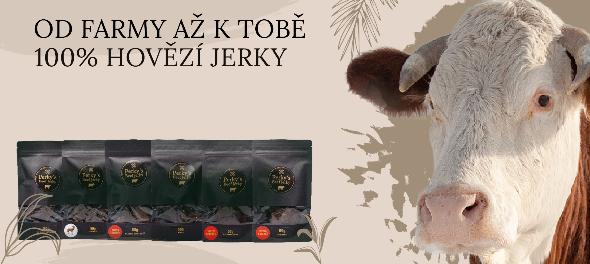Perky's Jerky - hero banner kráva a produktové fotografie