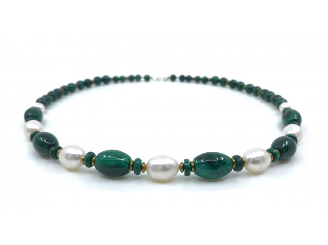 Malachitový náhrdelník s bílou perlou 1ks
