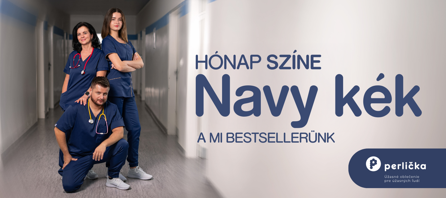 Perlička orvosi ruházat – HÓNAP SZÍNE: Navy. Egészségügyi csapat olívazöld egyenruhában világos rendelőben.