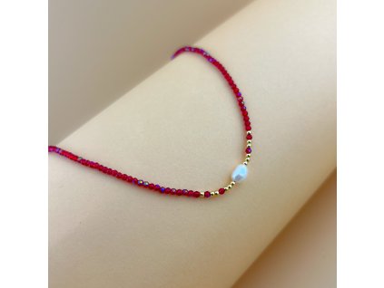 Náhrdelník FASET mini RED broušené korálky s říční perlou