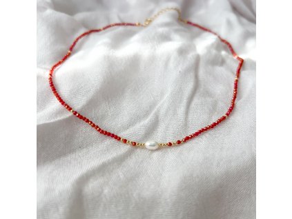 Náhrdelník mini RED broušené korálky s říční perlou