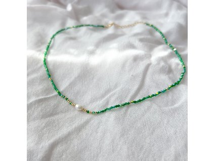 Náhrdelník mini broušené korálky GREEN Gold s říční perlou