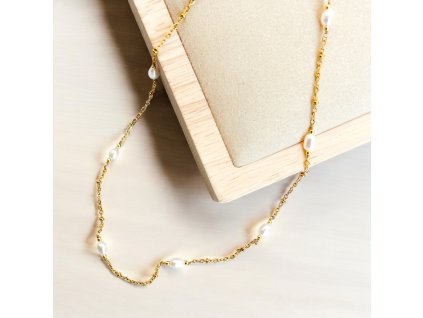 Náhrdelník Golden Pearl Link – pozlacený řetízek z oceli s pravou říční perlou