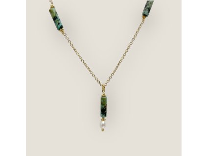 Zlacený náhrdelník z chirurgické oceli s tyrkysem a říční perlou – Verdura Flow