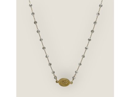 Náhrdelník s mini madonkou a šedými kouřovými korálky – chirurgická ocel