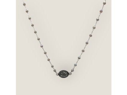 Náhrdelník s mini madonkou a šedé korálky s pokovem – chirurgická ocel
