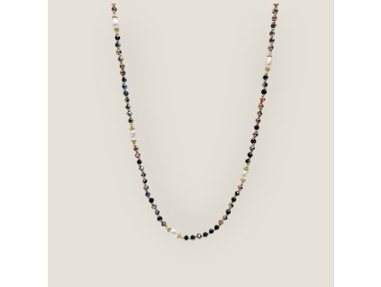 Simplicity LUX – náhrdelník z chirurgické oceli s černými broušenými korálky, perlami a hedvábím