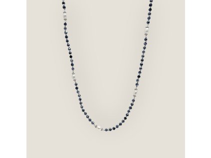 Simplicity LUX – náhrdelník z chirurgické oceli s černými broušenými korálky s modrým pokovem a perlami