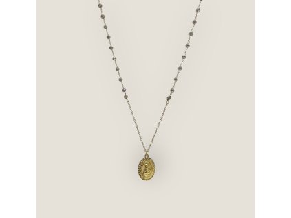 Madonka Grey – náhrdelník s broušenými korálky v odstínu šedá s duhovým pokovem a pozlaceným přívěskem Madonky