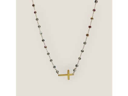 Náhrdelník broušené korálky CROSS šedá s pokovem
