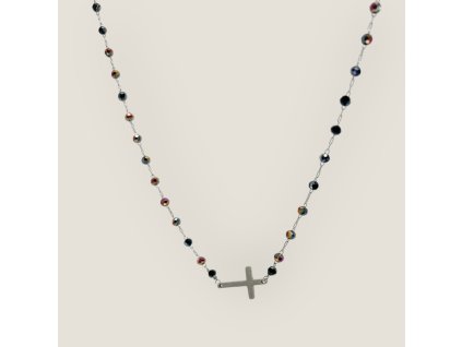 Náhrdelník CROSS Black – černé broušené korálky s duhovým pokovem a pozlacený křížek