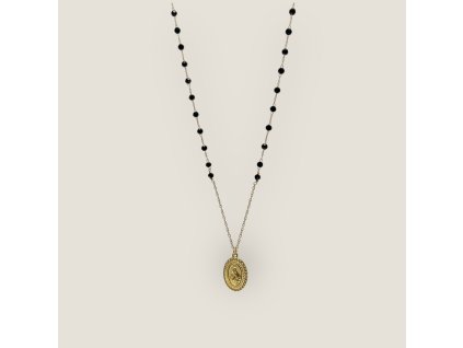 Madonka Black – náhrdelník s černými broušenými korálky a pozlaceným přívěskem Madonky