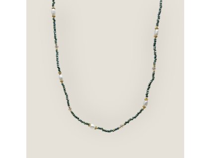 Perlina – dámský náhrdelník s perlami a mini fazetovanými korálky Green (chirurgická ocel / pozlacený)