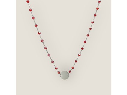 Karma O – náhrdelník s broušenými červenými korálky  a kruhem z chirurgické oceli