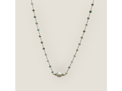 Baroque Lux – náhrdelník se zelenými broušenými korálky a pravou barokní perlou
