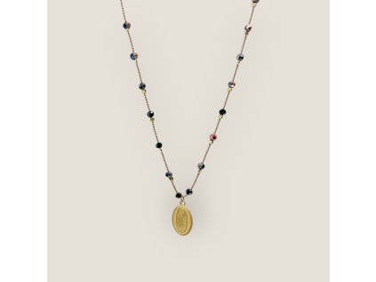 Madonna Silk – náhrdelník z béžového hedvábí s černými broušenými korálky a přívěskem Madonky