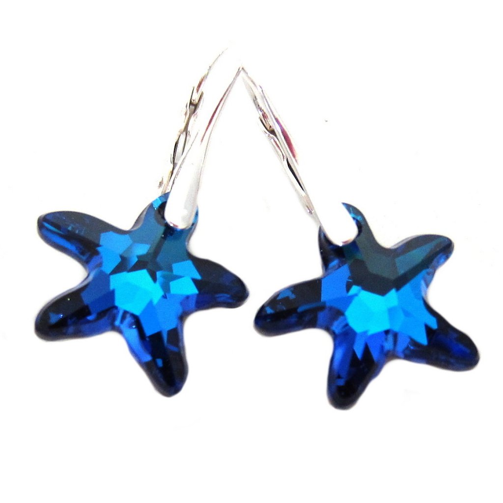 Stříbrné náušnice mořská hvězda Swarovski krystaly SW45302 Bermuda blue -  Perlomanie