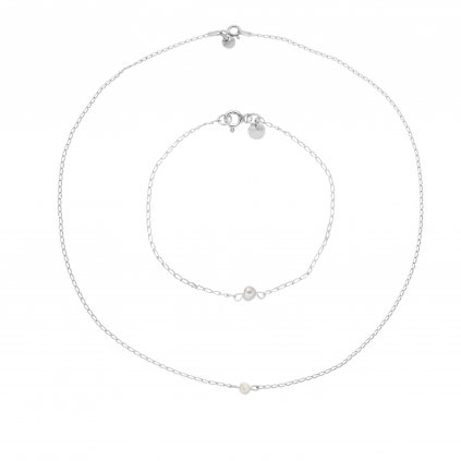 Souprava stříbrných šperků Unique, minimalistický náhrdelník s bílou perlou a minimalistický náramek s bílou perlou, Perlomanie