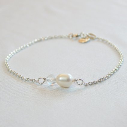 Stříbrný perlový náramek s bílou perlou a broušeným křišťálem CRYSTAL CK76001, Perlomanie