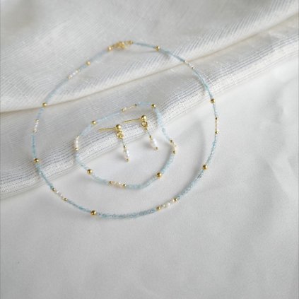 Stříbrná minimalistická souprava šperků bílé perly sladkovodní a topaz, náramek, náušnice, náhrdelník, Perlomanie