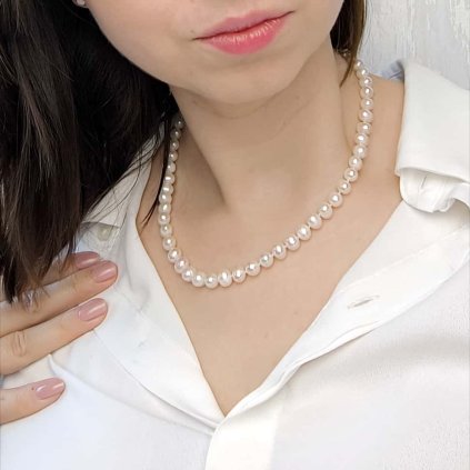 Elegantní perlový náhrdelník perly bílé sladkovodní kultivované, 3715, stříbrné zapínání, Perlomanie
