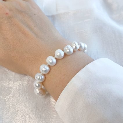 Perlový náramek velké bílé sladkovodní perly, stříbro, 3723, Perlomanie