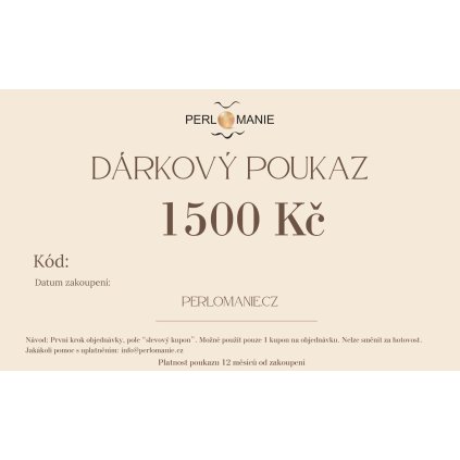 Dárkový poukaz v hodnotě 1500 Kč na nákup šperků v e-shopu Perlomanie