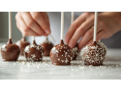 vygeneruj mi fotku, kde je videt, jak se vyrabi cake pops s vanoci tematikou, at jsou cake pops macene jen v hnede cokolade a muze byt jako ozdoba na nekterych hvezdicka nebo snehova vlocka