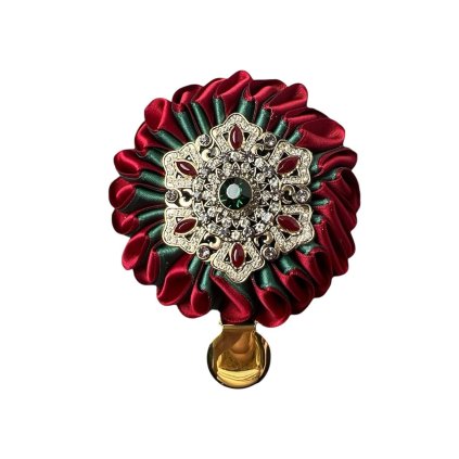 Vánoční brož - ze skládané stuhy červeno zelená