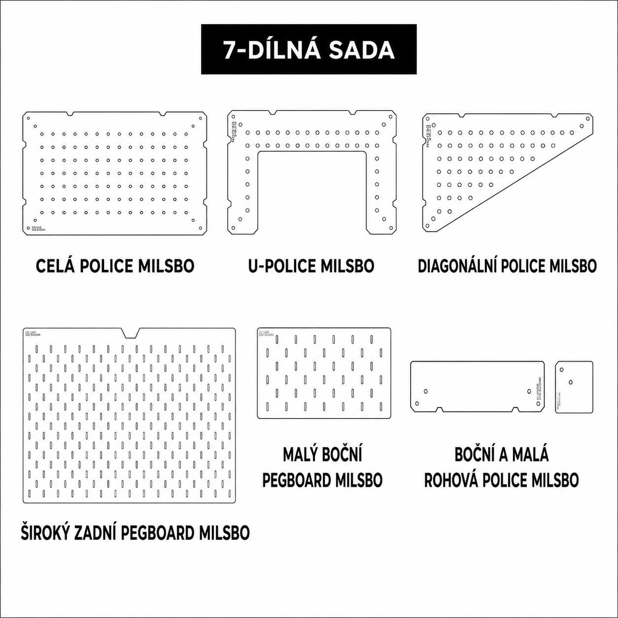7-dílná sada akrylových polic a pegboardů Milsbo