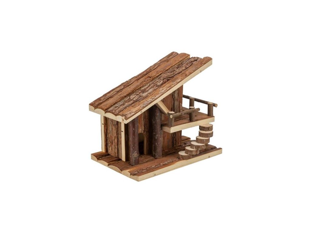 JULE cottage with terrace, for mice, 25 x 21 x 18 cm, natural wood with bark