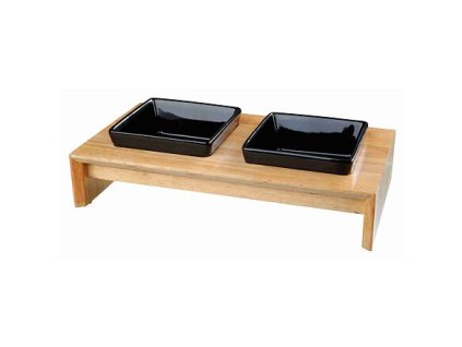 Dřevěný bar, 2x keramická čtyřhranná miska, černá (Provedení 2 × 0,4 l/13 × 13 cm/ 36 × 7 × 19 cm)