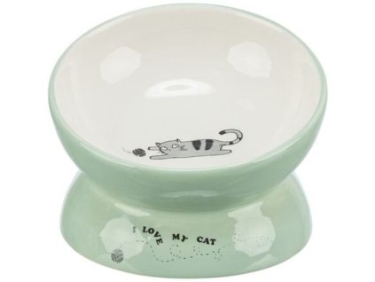 Raised ceramic bowl with cat motif, ergonomic shape, 0.15 l / 13 cm, sage/white