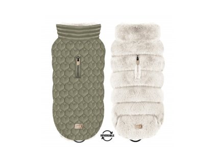 Oboustranná bunda pro psy Milk & Pepper – béžová kožešina a khaki prošívaný polyester