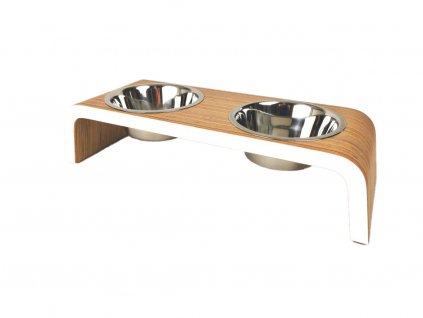 Moderní dřevěná miska pro psy s nerezovými miskami