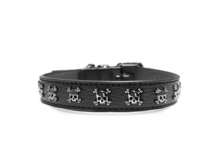 Rockový psí obojek s lebkami z černé kůže